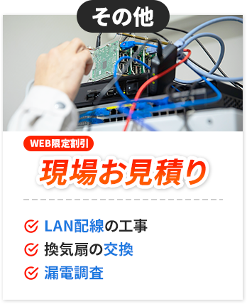 その他：現場お見積り。✔LAN配線の工事。✔換気扇の交換。漏電調査。